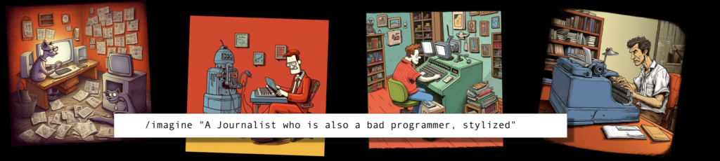 "A journalist who is also a bad programmer, stylized in the style of Gary Larson"