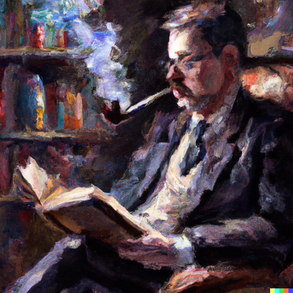 KI-generiertes Bild eines lesenden Mannes mit Pfeife - Dall-E2: "A very male author reading his revealing novel, oil on canvas, impressionist painting, digital art"