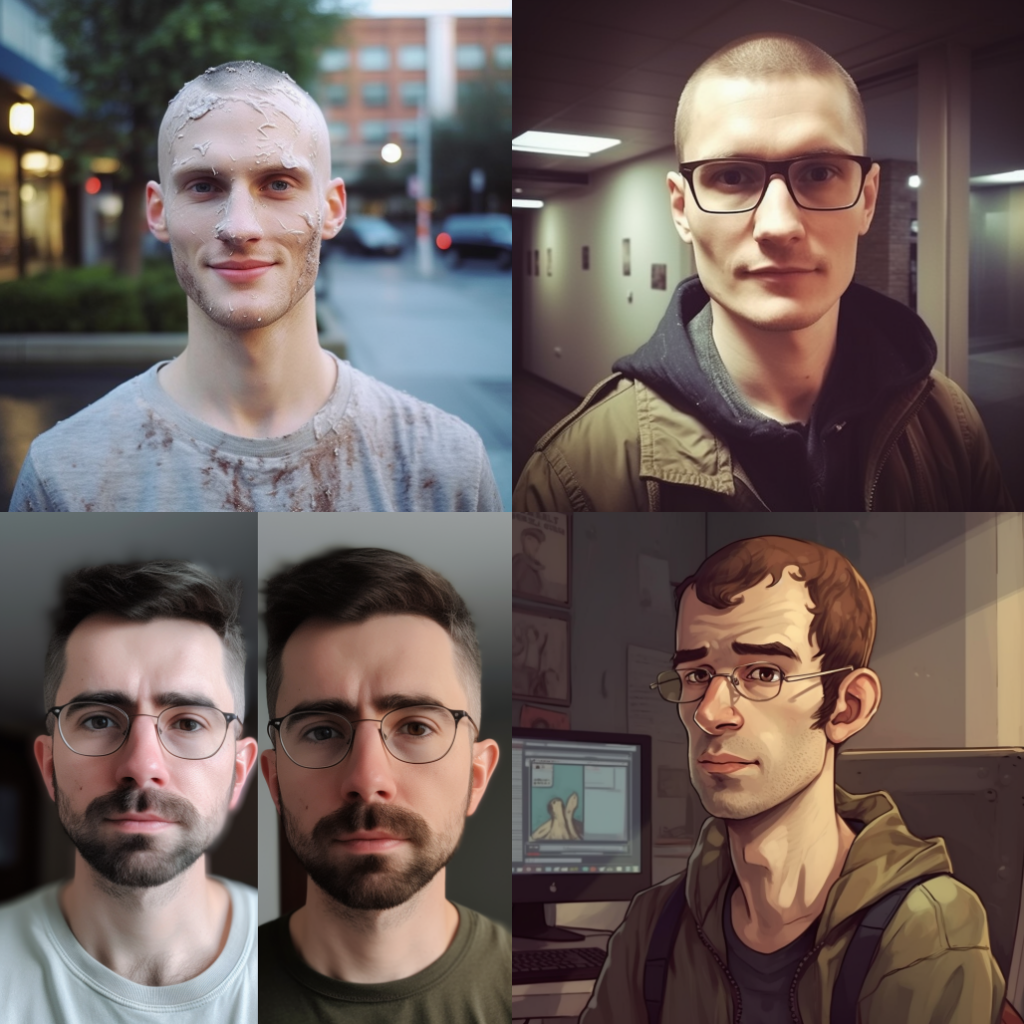 "A journalist who is also a bad programmer, clean-shaved" - zwei Personen sind Männer mit rasiertem Schädel, das dritte ist ein Doppelporträt eines Bartträgers. 