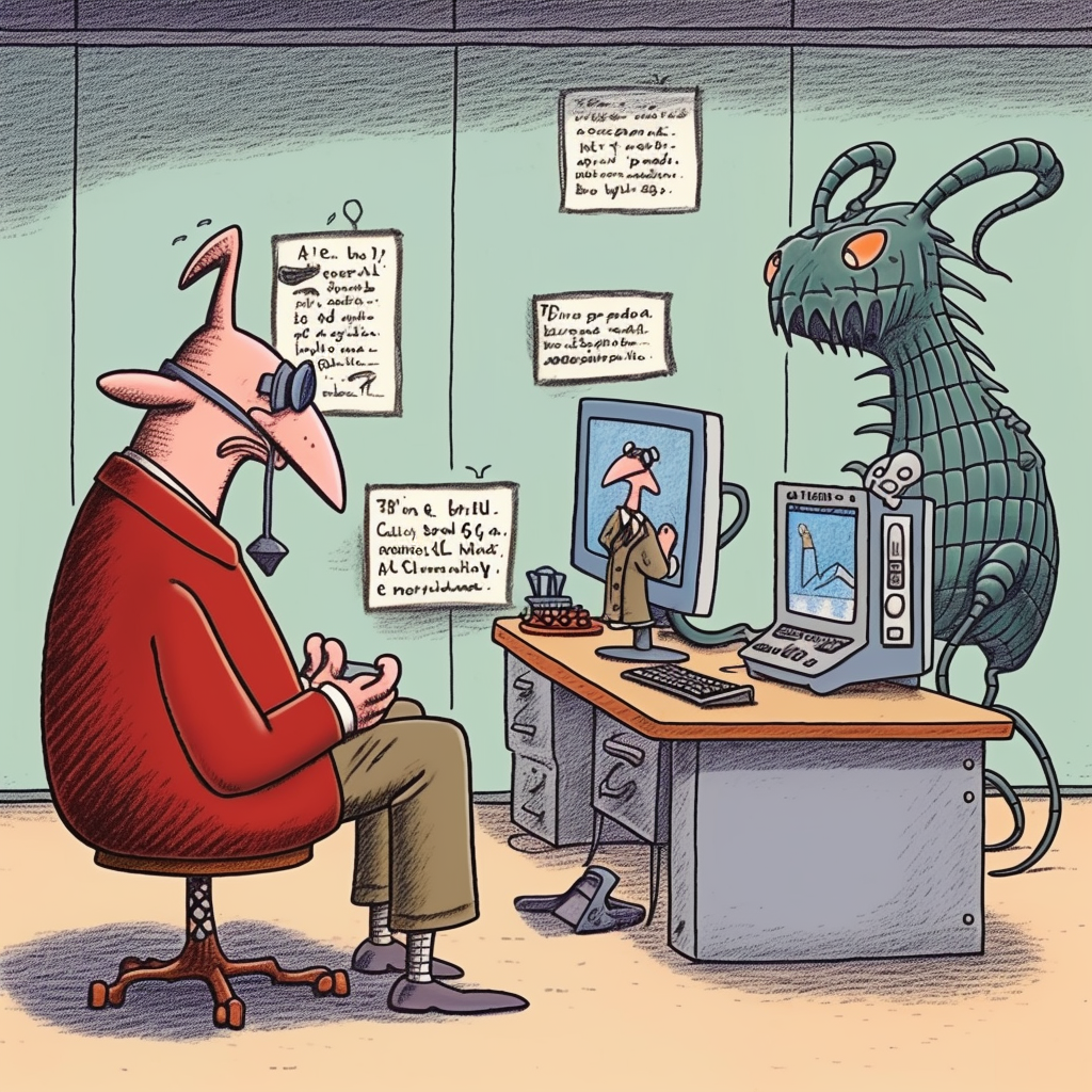 "a mad conspiracy theorist as an AI language model, thinking wild thoughts, browsing the net for confirmation of its theories; in the style of Gary Larson --v 5.1 "