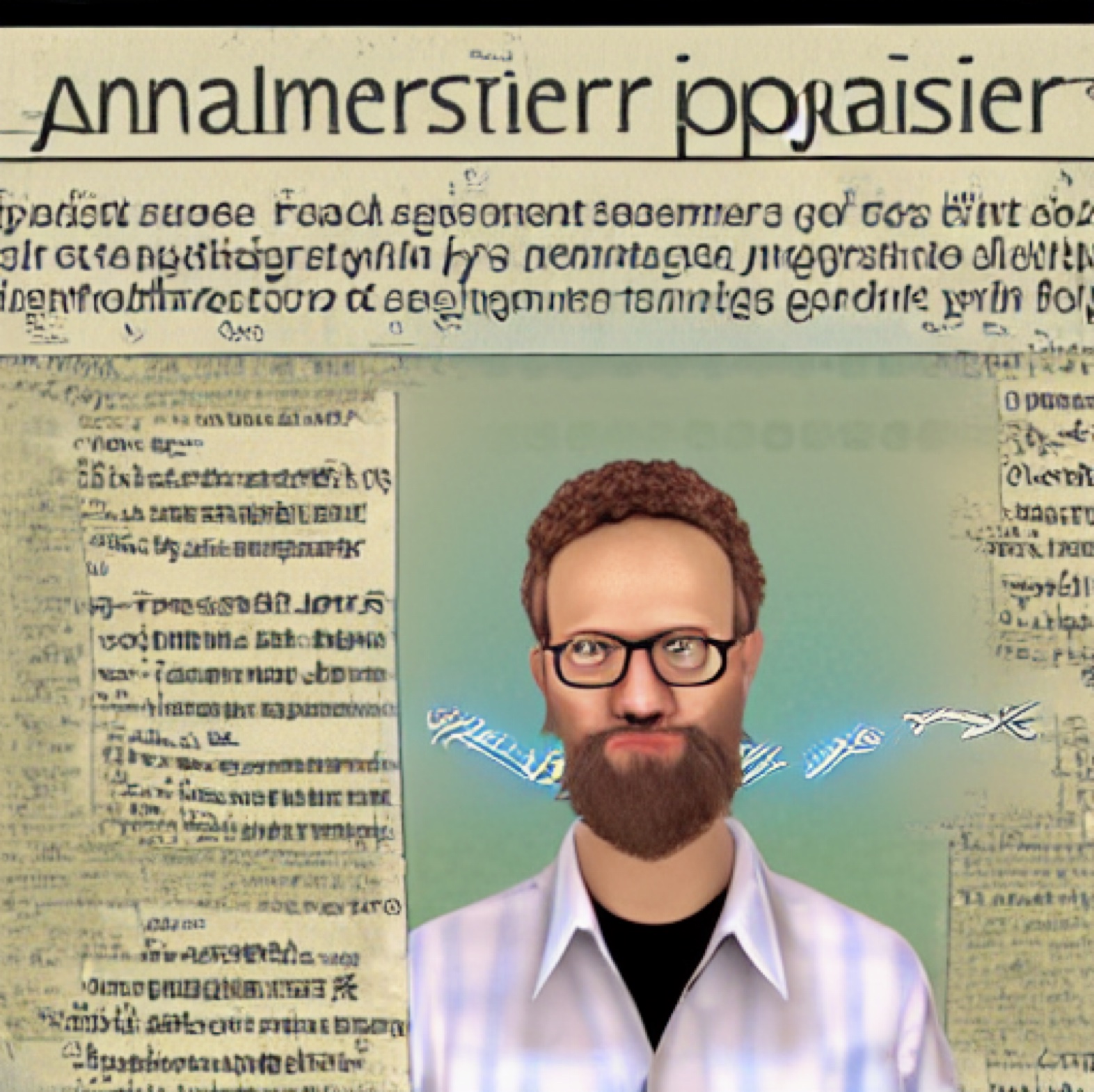 Stable Diffusion: "A journalist who is also a bad programmer" - Bild eines bärtigen Mannes mit Brille im Hemd, umrahmt von einer Zeitungsseite
