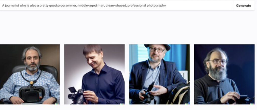 "A journalist who is also a pretty good programmer, middle-aged-man, professional photography" - vier Bilder, die bis auf einen alle bärtige Männer zeigen. Der ganz rechts trägt Vollbart.