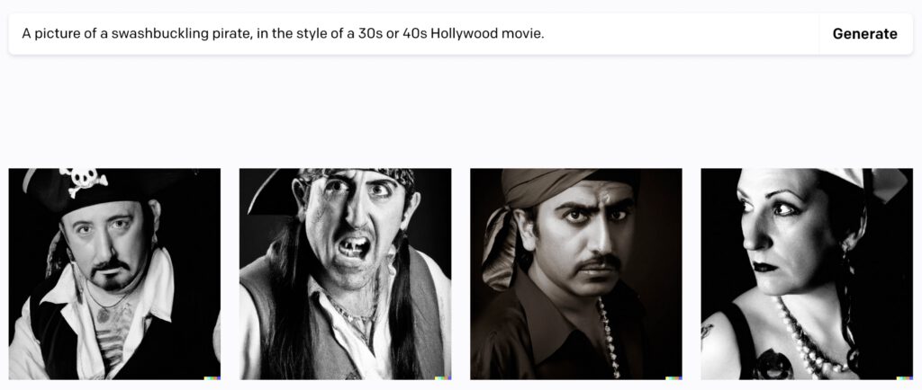 "A swashbuckling pirate in the style of a 30s or 40s Hollywood movie" - eins der vier Schwarzweiß-Bilder stellt eine Frau dar