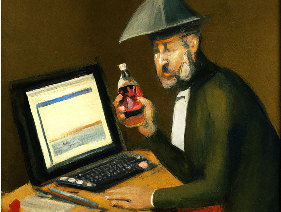 Bild generiert von DeepFloyd IF: "A yellow-press reporter working on his computer, with a bottle of wine, in the style of Hieronymus Bosch, oil on canvas, digital art, high quality"