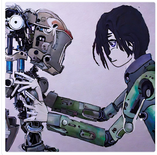 StableDiffusion-Schöpfung: Junger Mann mit Emo-Frisur, comicartig, steht einem mechanischen Roboter gegenüber