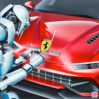 DeepFloyd-Bild: Roboter malt ein Ferrari-artiges Wappen auf die Kühlerhaube eines Autos; das Tier im Wappen sieht allerdings eher wie eine dämonische Ziege aus