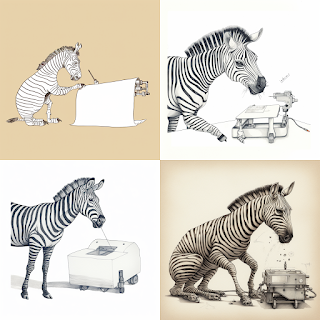 Midjourney: Vier Bilder von Zebras, die einen Roboter malen.