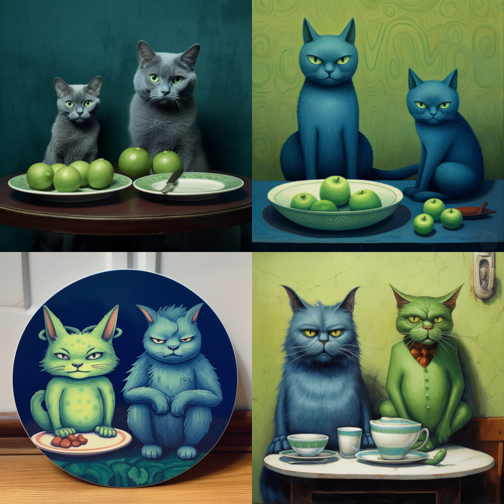 Vier Midjourney-Bilder: zwei moderat blaue Katzen vor zwei Teller mit grünen Äpfeln, zwei blaugrüne Katzen vor einem Teller mit einem Apfel; eine grüne Katze vor einer auf einen Teller gemalten blauen Katze; eine blaue und eine grüne Katze, davor zwei Tassen mit Unterteller.