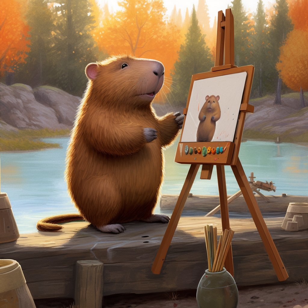 Midjourney: "Humanoid robot, in front of an easel, painting the picture of a beaver sitting in front of that easel. The beaver looks like a capybara; it is photorealistic and has large, orange teeth, and a flat, hairless tail. In the style of Gary Larson." Tatsächlich ein bärenartiger Biber vor einer Leinwand, der einen Biber malt, aber sehr putzig dabei aussieht. Immerhin.