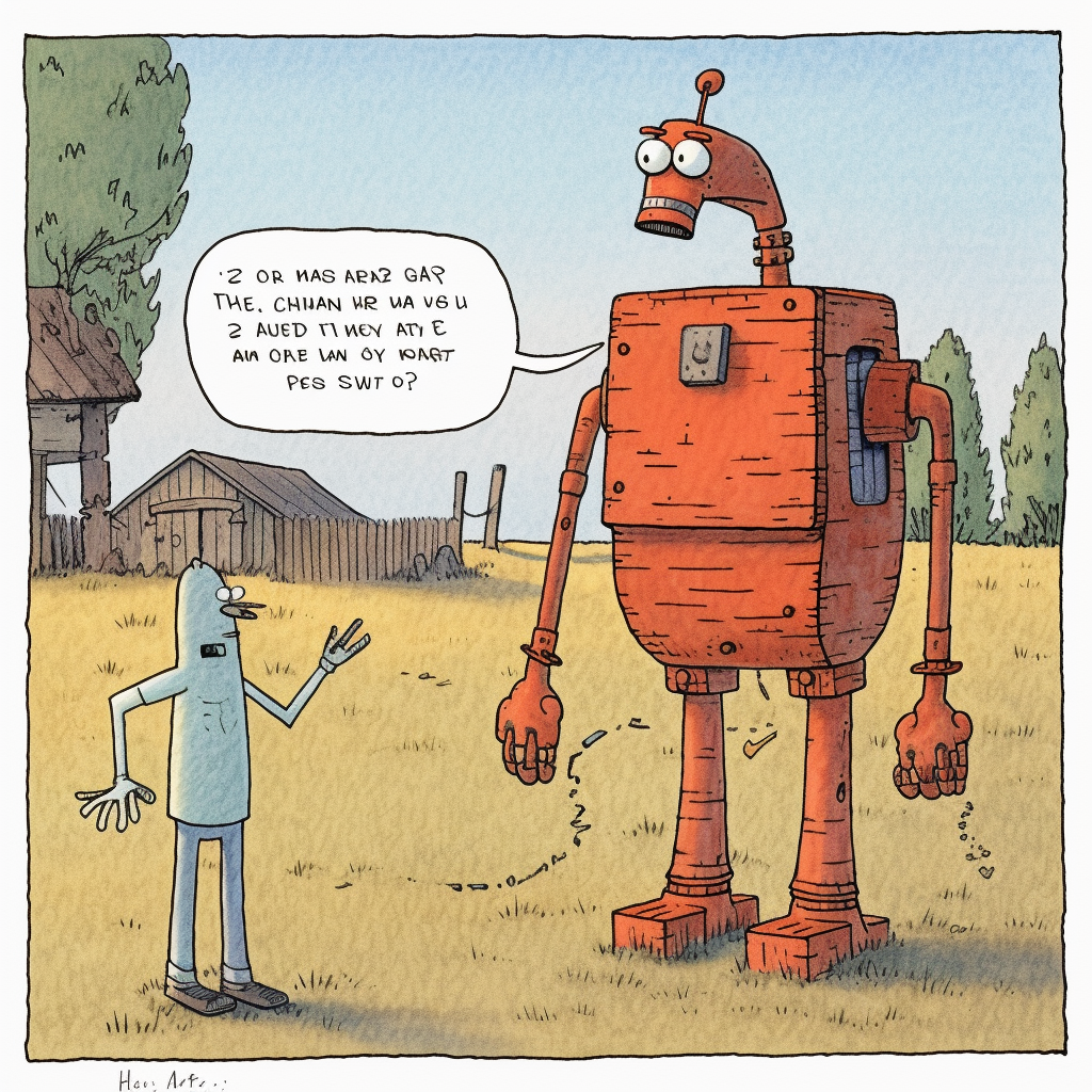 Midjourney: "a bot that is giving deliberately wrong answers but claims it is always right, with a snappy and mean and short-tempered personality, in the style of Gary Larson"