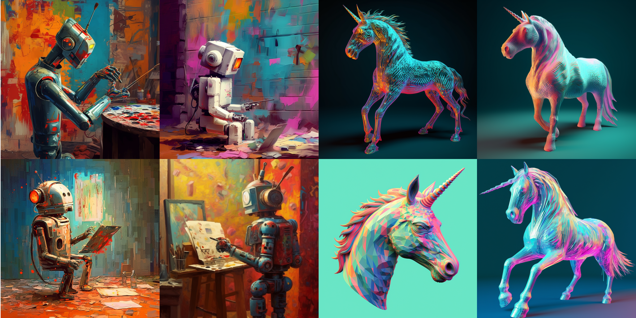 Midjourney: vier Bilder von Robotern, die malen; vier Bilder von Einhörnern - stilisiert, anaglyphe Farben