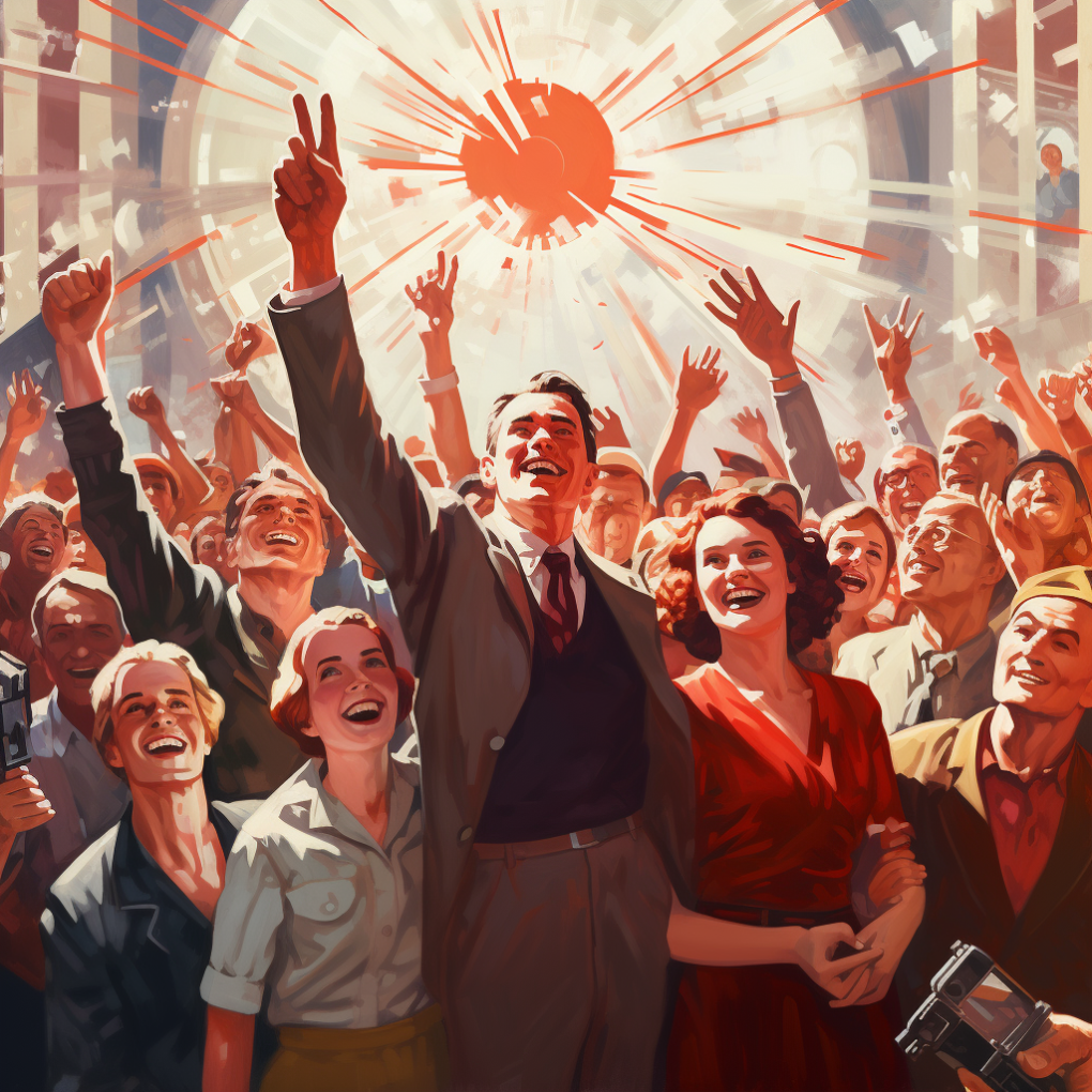 Midjourney: "a crowd of happy people celebrating the statue of a synthetic intelligence, stylized, socialist propaganda poster"