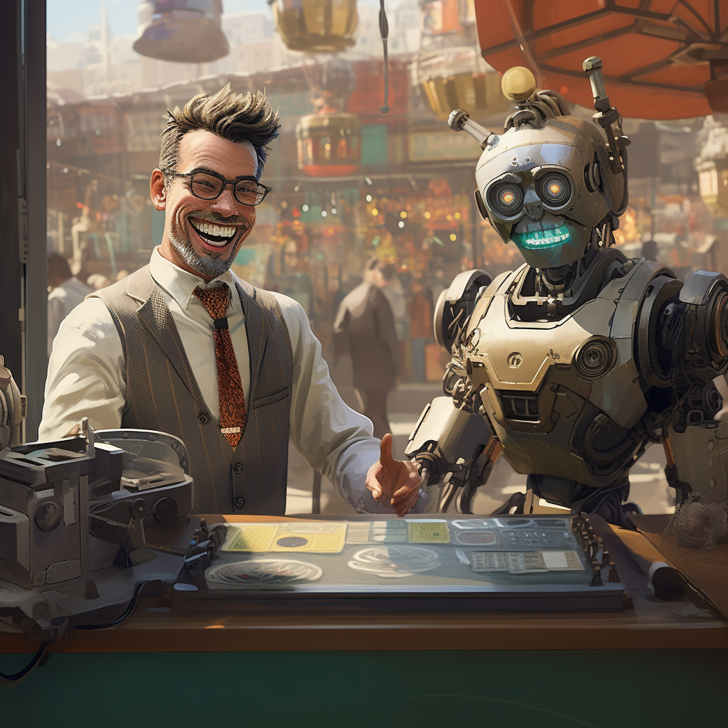 Midjourney: "A grifter salesman grinning, selling tools to a dumb robot" (who is also grinning)