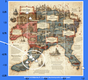 Generiert mit Midjourney: "A historical map showing words, styles, and topics."