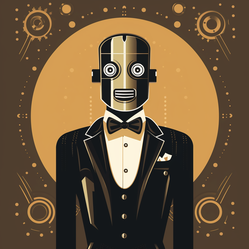 Gentleman-Roboter im Art-Deco-Stil, lächelnd (Midjourney-Bild)
