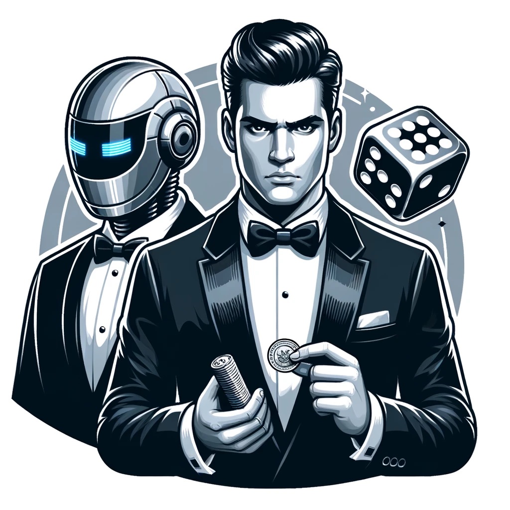 DALL-E3: "Illustration of a stylish spy with a stern expression, dressed in a black tuxedo. He holds a silver coin in one hand and a pair of dice in the other, symbolizing his reliance on randomness. Next to him is a sleek robot, with a futuristic design, indicating it's his artificial intelligence ally."