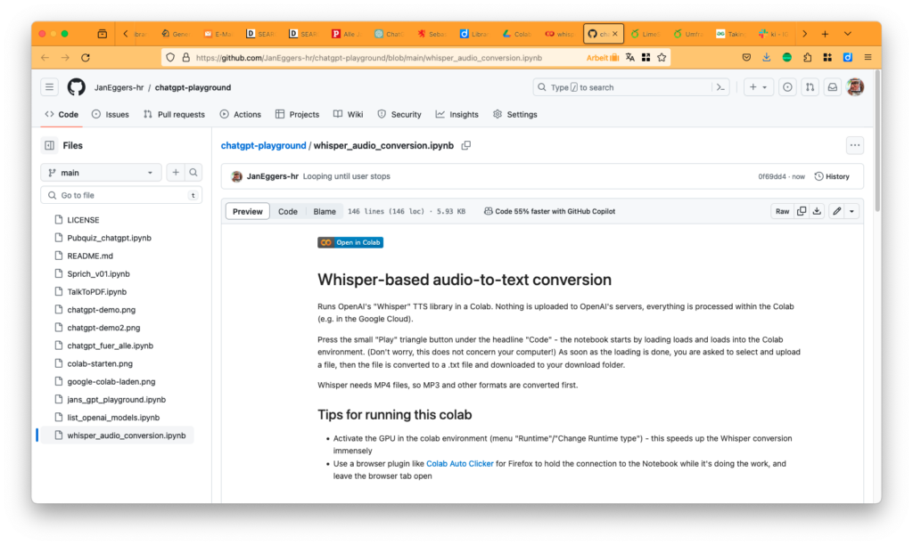 Colab-Seite bei Github im Repository JanEggers-hr/chatgpt-playground: Whisper-based audio-to-text conversion