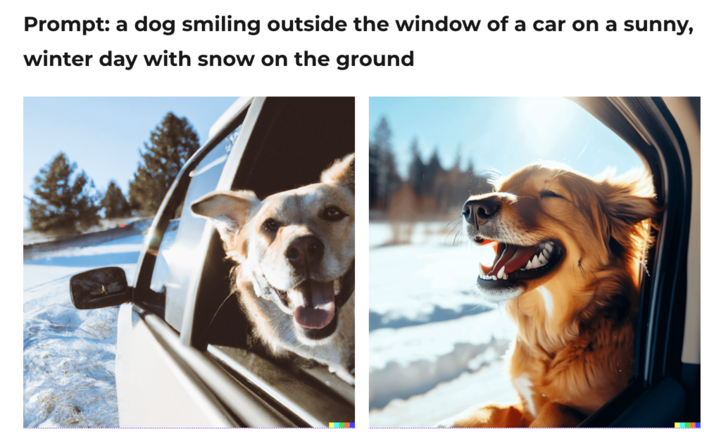 Screenshot mit zwei KI-generierte Bildern, "Prompt: a dog smiling outside the window of a car on a sunny, winter day with snow on the ground"