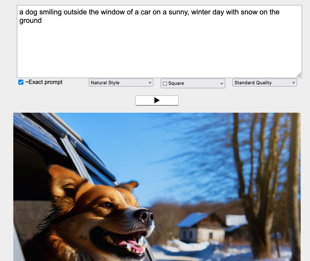 Eingabemaske "Power-DALLE". Häkchen bei "~Exact prompt", Auswahl: "Natural Style". Bild eines Hundes, der vor blauem Himmel aus einem Autofenster schaut - fotorealistisch