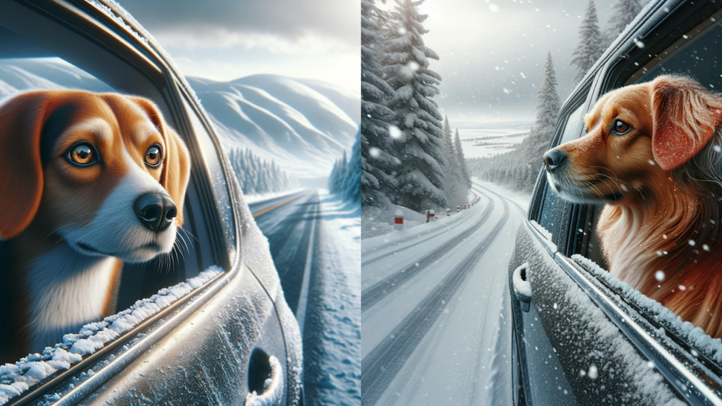 KI-Bilder "Hund in Autofenster vor Schneelandschaft", künstliche Anmutung