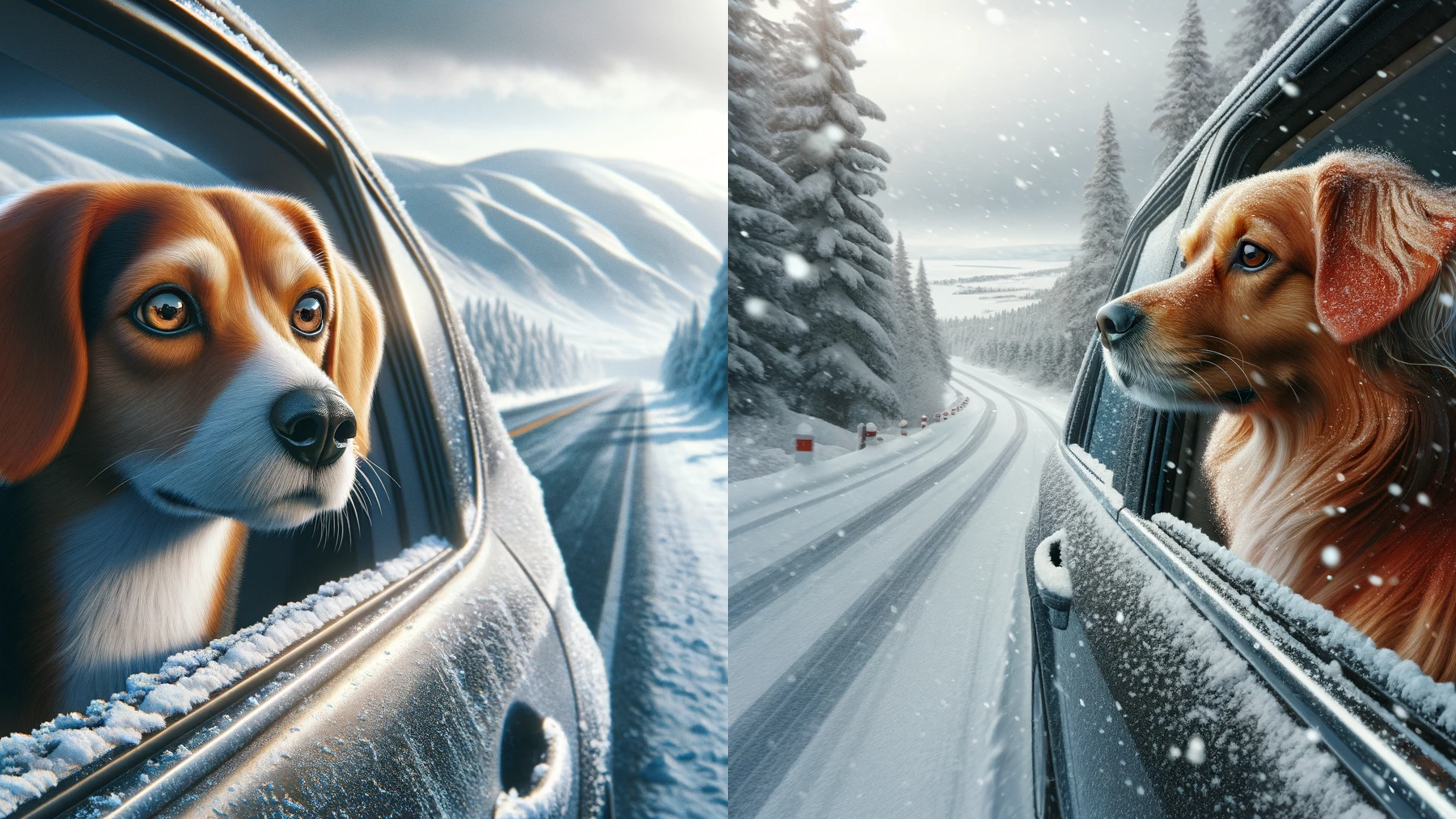 Zwei Bilder von Hunden, die aus einem Autofenster in eine Schneelandschaft schauen - beide haben eine unrealistische, gemalte und übertriebene Qualität