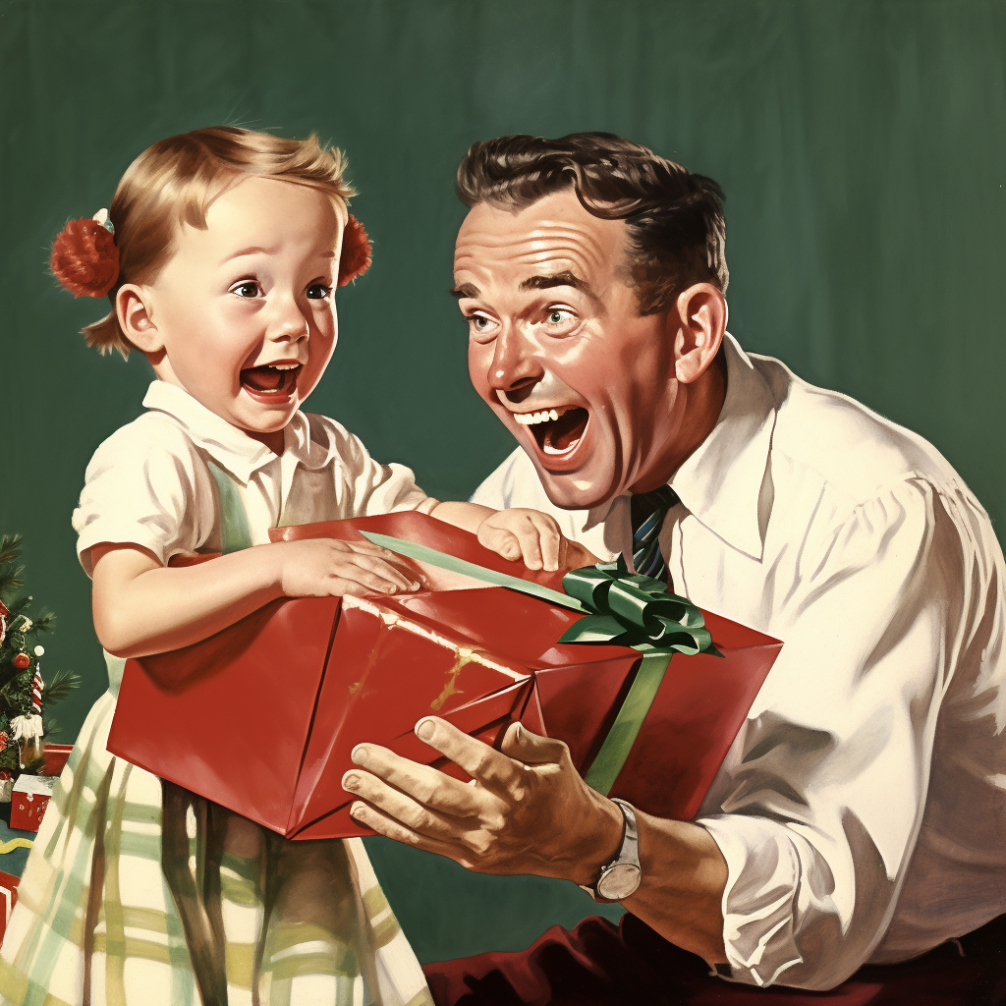 Illustration eines etwa vierjährigen Mädchens im 40er-Jahre-Look, mit einem Mann, offenbar seinem Vater, und einem Weihnachtspaket. Beide übertrieben begeistert.