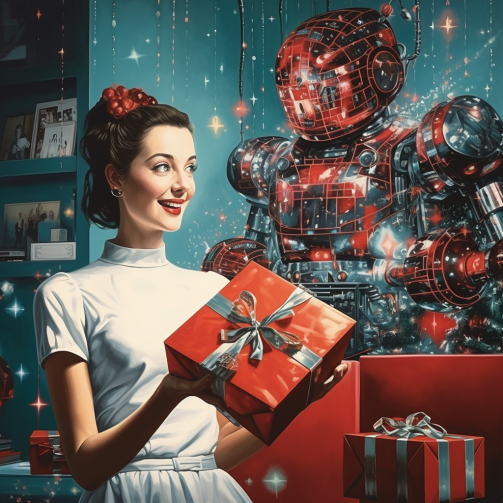 Midjourney: Zeichnung einer Frau in 40er-Jahre-Ästhetik, die von einem sehr grobschlächtigen Roboter ein Weihnachtsgeschenkpäckchen übergeben bekommen hat