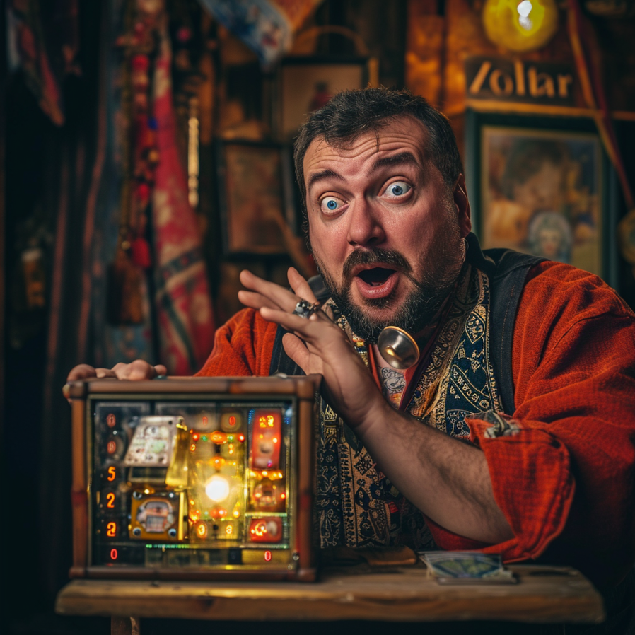 puzzled engineer trying to understand the mechanics of a "Zoltar" fortune-teller