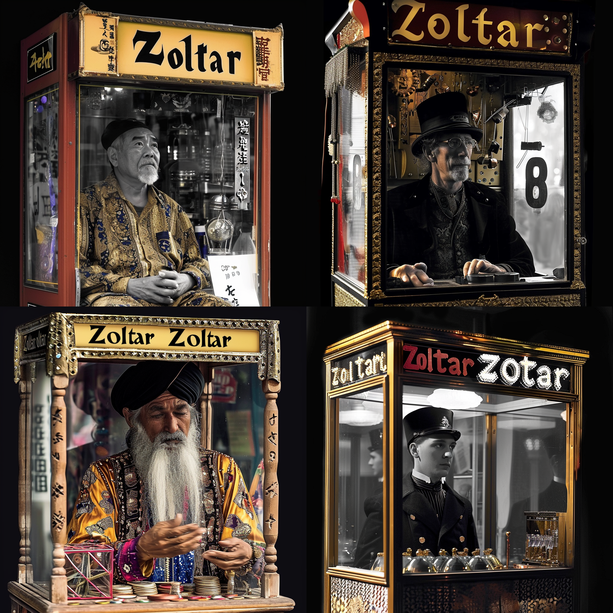 Vier KI-Generierte Zoltars: asiatisch, Steampunk, indischer Weiser, gruseliger Robo-Schaffner - jeweils im Glaskasten eines Jahrmarktsautomaten