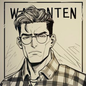 "Wanted"-Plakat im Superhelden-Cartoon-Stil; Mann mit Brille und Karohemd, eckiges Kinn, entschlossen, Mundwinkel nach unten.