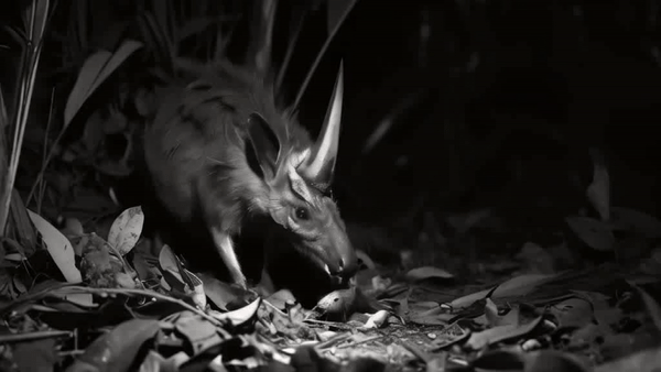 Chupacabra-GIF: Moschustier-artiges Wesen mit einzelnem Horn auf der Stirn im Unterholz, anscheinend von einer Überwachungskamera aufgenommen