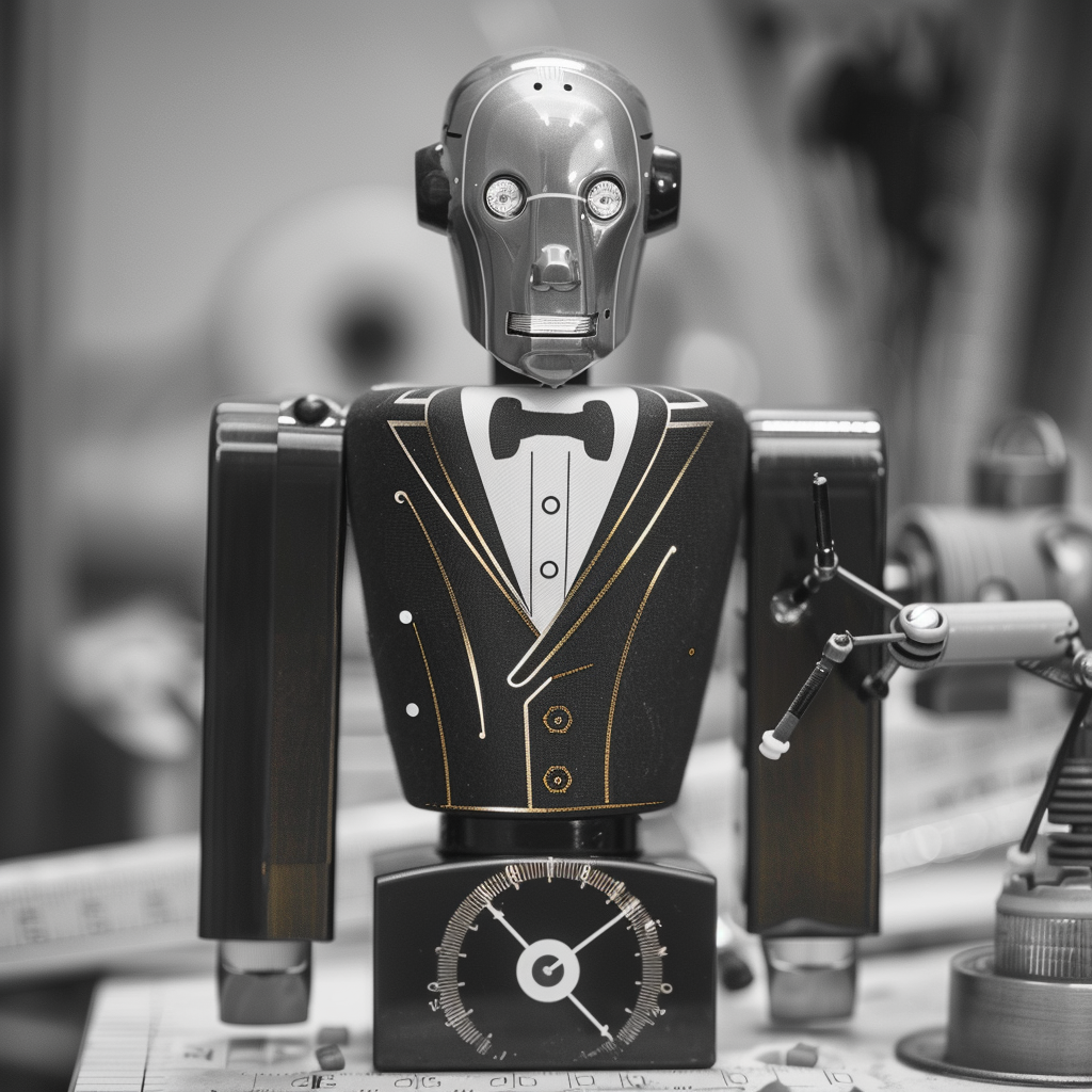 Der Roboter aus dem Bitte-und-danke-Post auf einer Mess-Einrichtung. Midjourney-Bild mit Schwarzweiß-Photo-Ästhetik.