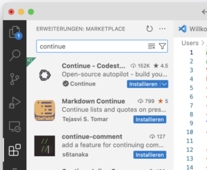 VSC-Erweiterungen: "Continue" eingeben und die Erweiterung herunterladen und installieren