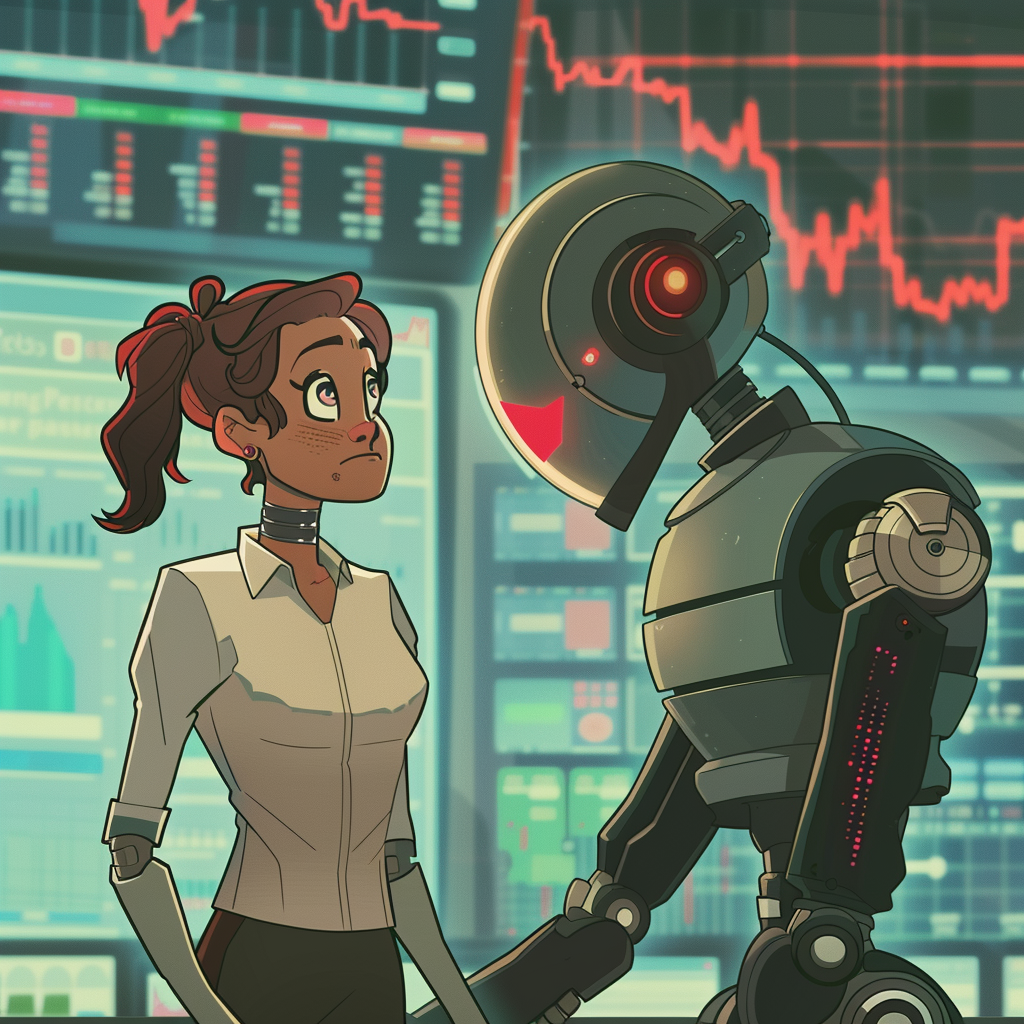 A female robot broker in front of a stock exchange display where the main index is going through the floor, cartoon style, broker is smiling sheepishly, the index is a big red arrow pointing down through the lower border of the display.