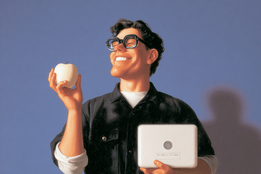 Karikatur eines Computernutzers mit Brille und übertrieben ausgeprägten Kinn; er hält in der einen Hand einen weißen Laptop und in der anderen einen weißen Apfel