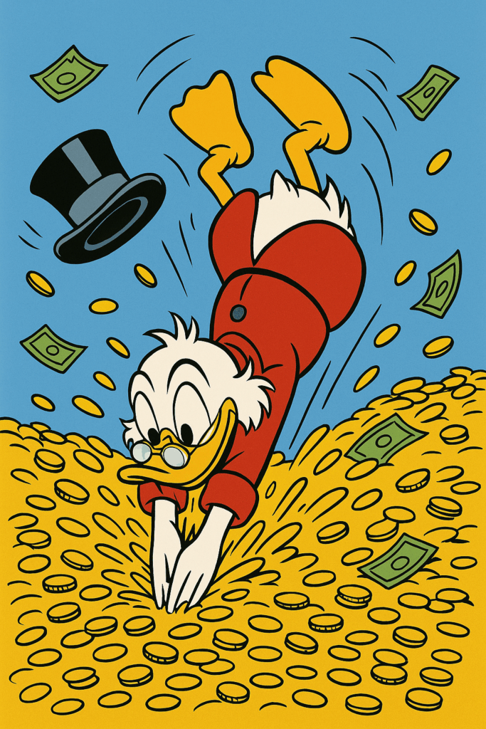 Dagobert-Duck-Bild: Köpfer ins Geld, Carl-Barks-Stil, mit ChatGPT erstellt