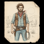 Ein handgezeichneter Cowboy steht ohne Hut in der Wüste. Er trägt ein Hemd, eine Weste, Jeans und einen roten Schal. Ein Lasso hängt an seinem Gürtel. Im Hintergrund sind Kakteen, ein Pferd und Berge zu sehen. Der Himmel ist sonnig.