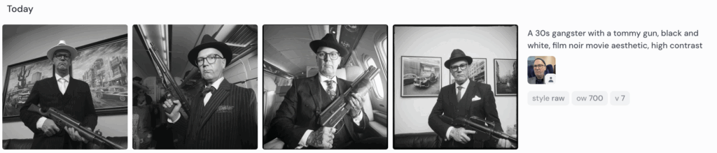 Midjourney-Screenshot, Prompt: "A 30s gangster with a tommy gun, black and white, film noir movie aesthetic, high contrast"