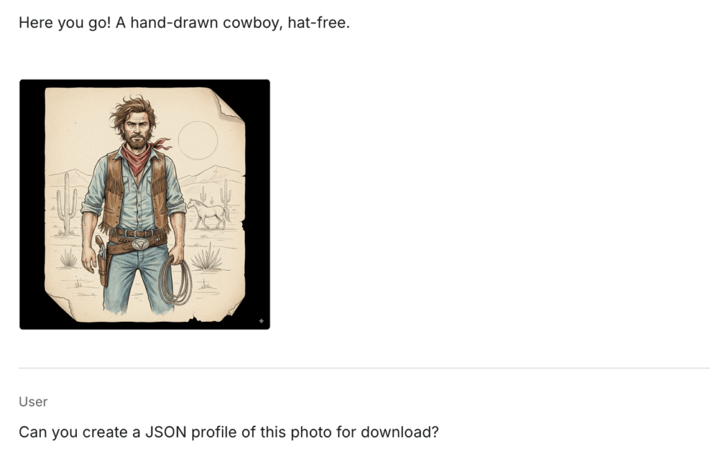 Ein handgezeichneter Cowboy steht ohne Hut in der Wüste. Er trägt ein Hemd, eine Weste, Jeans und einen roten Schal. Ein Lasso hängt an seinem Gürtel. Im Hintergrund sind Kakteen, ein Pferd und Berge zu sehen. Der Himmel ist sonnig.