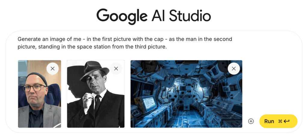 Google AI Studio mit Fotos von mir, Humphrey Bogart und dem Inneren einer Raumstation: "Generate an image of me - in the first picture with the cap - as the man in the second picture, standing in the space station from the third picture."