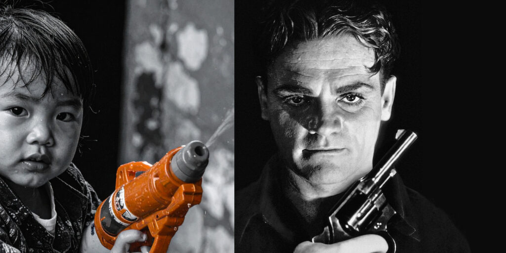 Links ist ein Kind mit nassen Haaren, das eine orangefarbene Wasserspritzpistole hält. Rechts ist ein Bild von James Cagney als Gangster im Film "White Heat": ein Mann mit ernstem Gesichtsausdruck, der eine Pistole in der Hand hält. Das Bild ist in Schwarz-Weiß mit orangefarbenen Akzenten gehalten.