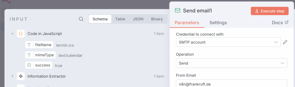 Das Bild zeigt eine Benutzeroberfläche für einen Workflow-Builder oder eine Automatisierungsplattform. Auf der linken Seite befindet sich ein Abschnitt mit der Überschrift "INPUT", der verschiedene Module wie "Code in JavaScript", "Information Extractor", "Text Classifier", "Email Trigger (IMAP)" und "Variables and context" enthält. Rechts ist das Modul "Send email1" geöffnet, das Parameter für den E-Mail-Versand zeigt. Die Details beinhalten: - Credential to connect with: SMTP account - Operation: Send - From Email: n8n@frankfurt.de - To Email: jan@untergeek.de - Email Format: HTML Oben rechts befindet sich ein Button mit der Aufschrift "Execute step".
