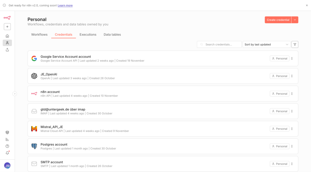 Credentials-Library - mit Zugängen zu E-Mail/SMTP, Google, OpenAI, Mistral...