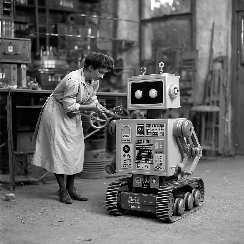 Eine Frau in einem alten Werkstattraum beugt sich mit Werkzeugen in der Hand zu einem Retro-Roboter mit Kettenantrieb. Der Roboter hat ein quadratisches Gesicht mit großen runden Augen und eine bedruckte Brust mit verschiedenen Schaltern und Anzeigen. Im Hintergrund befinden sich Regale mit Werkzeugen und Materialien.