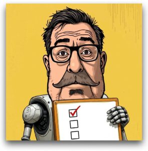 Ein karikaturhaftes Bild von einem Roboter mit dem Kopf eines Autors, der entfernte Ähnlichkeit mit Günther Grass hat. Auf seinem Klemmbrett: ein Haken. 
