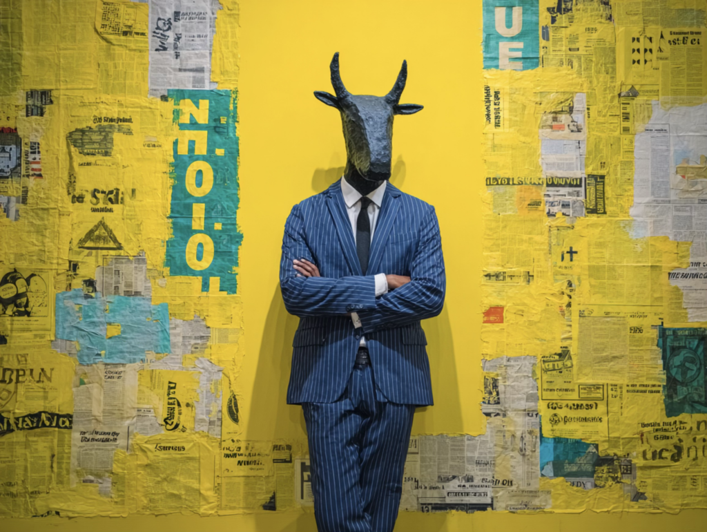 Antropomorphe Bullen-Statue mit verschränkten Armen im Nadelstreifen-Anzug vor Wand mit collagierten Zeitungsausschnitten